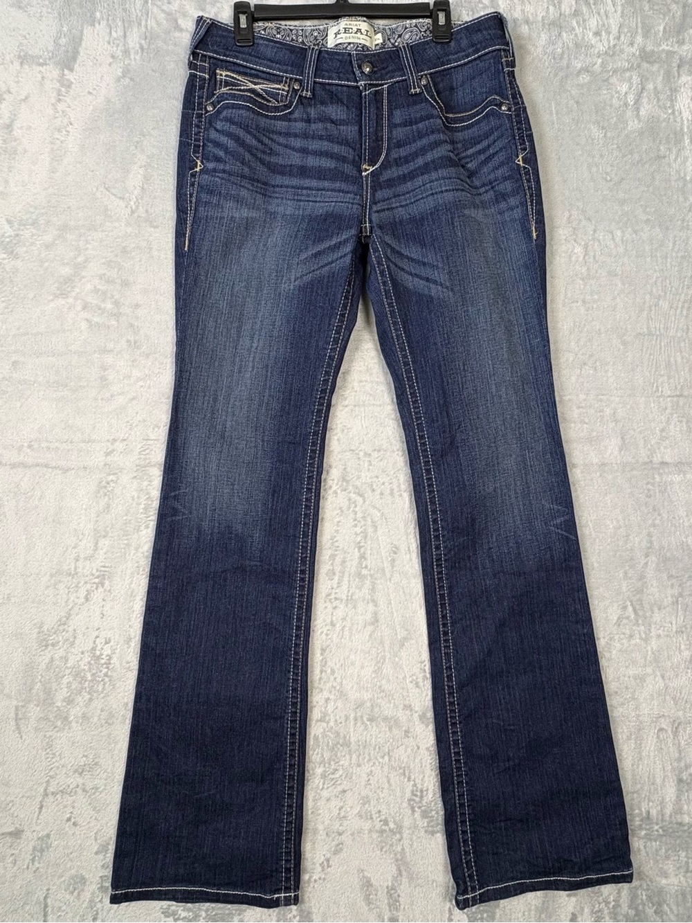 Ariat Real Jeans Women 31 XL Blue Mid Rise Boot Cut Entwined Big Stitch Cowgirl